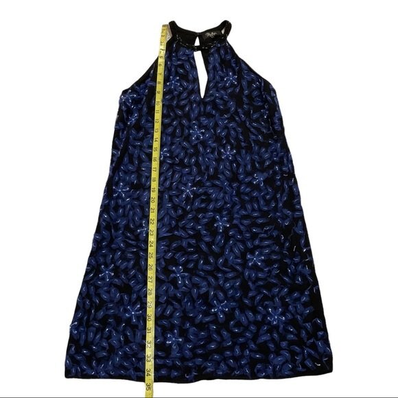 Parker Black Abstract Embellished Mini Halter Cocktail Dress 2 Black Blue Floral - Picture 7 of 9